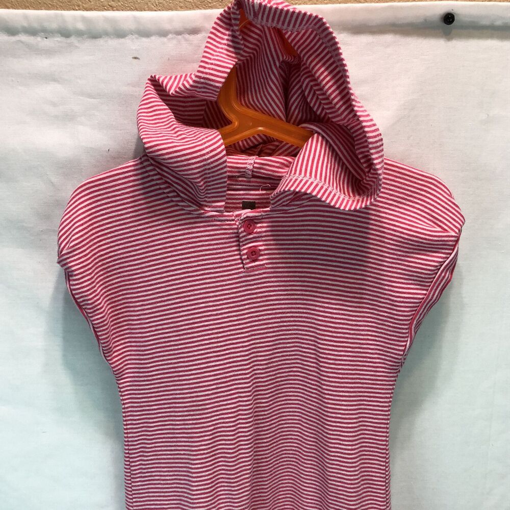 Tea Collection Pink Short Sleeve Hooded Striped Floral Bubble Dress Sz 8 OOO5